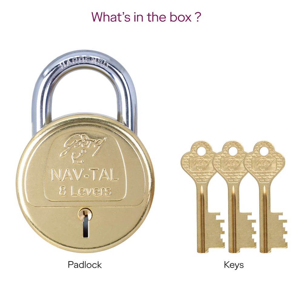Godrej Padlock | Navtal 8 Lever Brass Padlock 85mm with 3 Keys | Hardened Steel Shackle | Heavy Duty Lock for Main Door, Gates, Shutters, Warehouses, Offices & Industrial Use | 1 Year Warranty